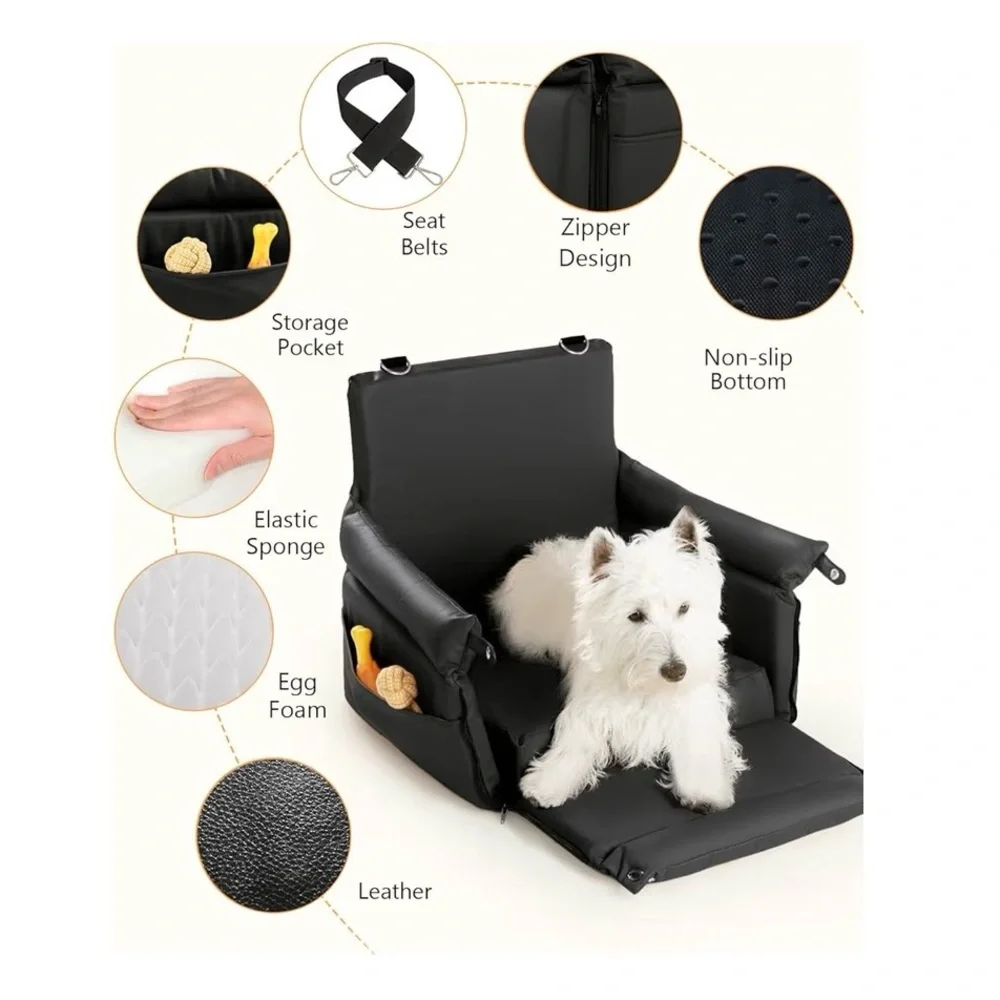 FAUX LEATHER DOG BOOSTER CAR SEAT WITH HARNESS AND BELT LEASH (UP TO 30 LBS)